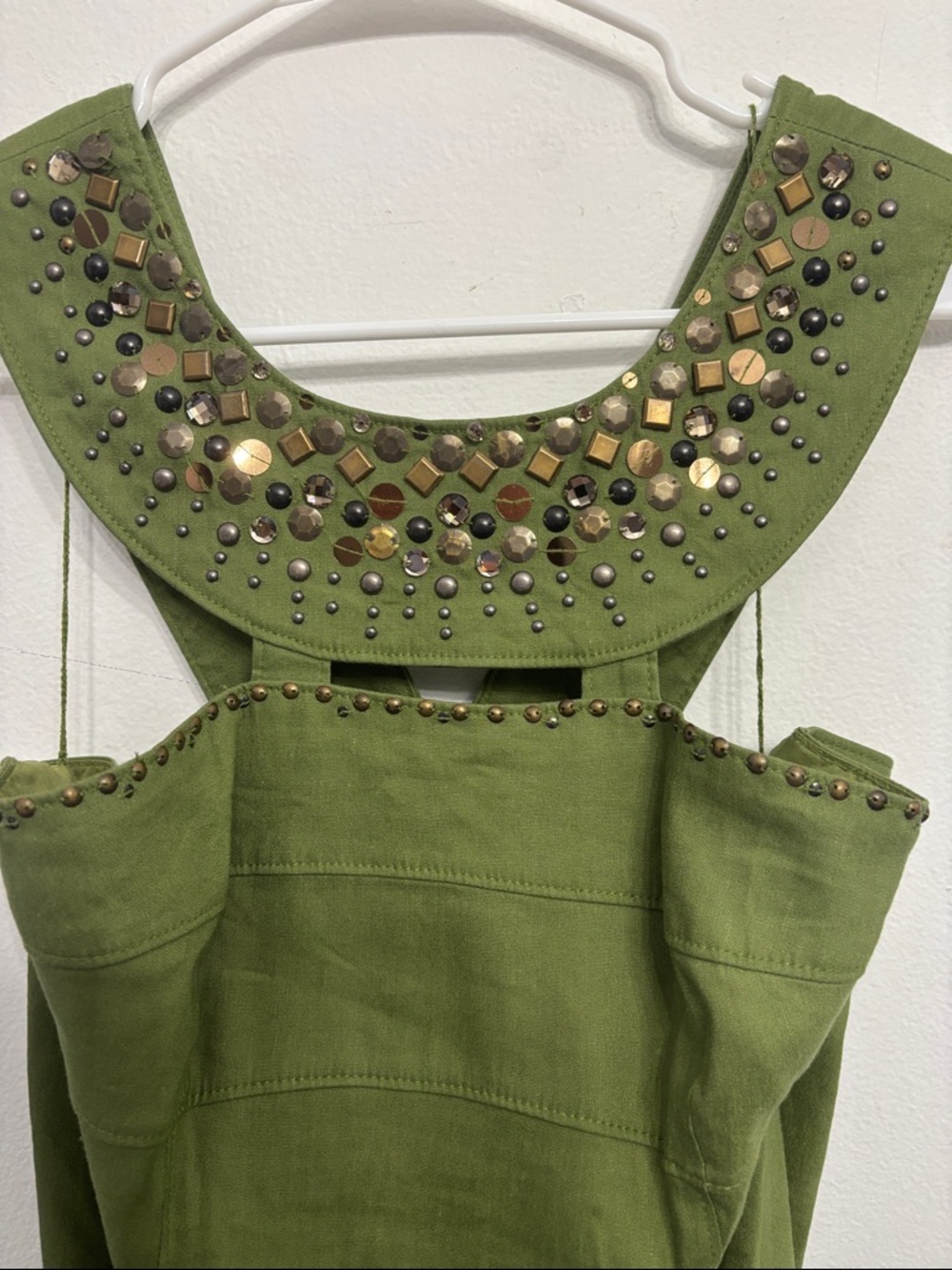 Adrianna Papell Olive Green Embellished Halter Midi Dress Linen blend Size 12